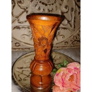 Vintage boho hand carved wood vase